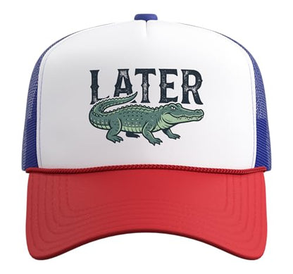 Later Alligator Trucker Hat with Adjustable Mesh Back - color: Red/White/Royal Blue