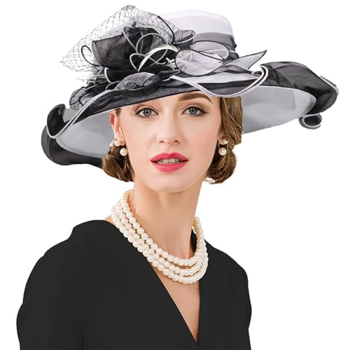 Kentucky Organza Derby Top Hats for Women Sun Visor Cap Ladies Flowers Bride Weeding Fascinators Wide Brim Fedoras - color: Black and White
