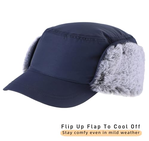 Connectyle Men's Winter Hat with Visor Warm Earflaps Hat Fully Lined Faux Fur Baseball Cap Trapper Hunting Hats - color: Navy