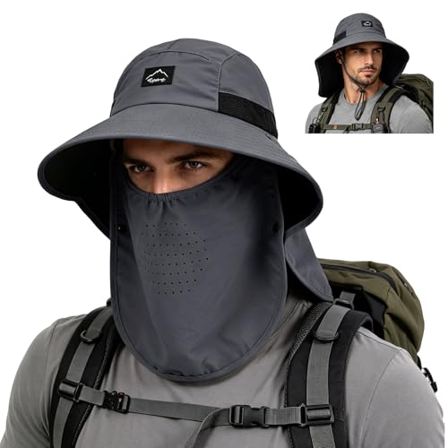 Outdoor Sun Hat for Men Women, UPF 50+ Safari Cap Fishing Hat with Detachable Face Cover & Neck Flap Beach Garden Hiking - color: 1pack-darkgrey