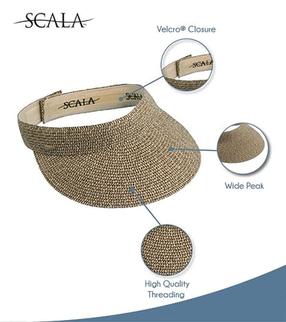 Scala - Sun Visor Hat for Women, Paper Braid, Wide Brim, UV Protection - color: Black