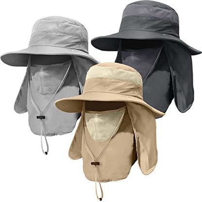 3 Pack Mens Outdoor Wide Brim Fishing Hat,UPF 50+ Sun Protection Cap with Face Neck Flap for Hiking & Garden - color: 3 Pack-dark Grey＆light Grey＆khaki