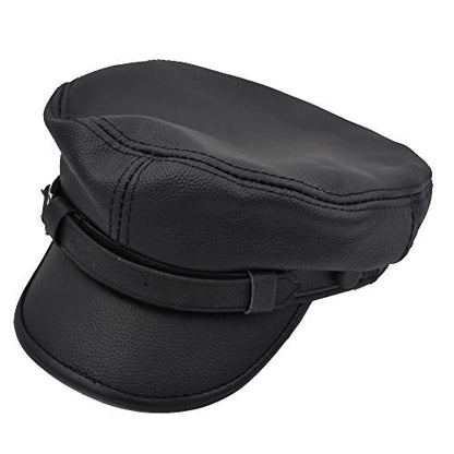 Adult Genuine Leather Fiddler Cap Flat Top Maciejówka Breton Style Mariner's Cap - color: Black, size: Medium