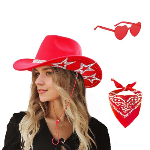 SHENYI Cowgirl Hat and Bandana and Heart Sunglasses Glitter Rhinestone Star Cowboy Hat Western Sparkly Hats for Women Men - color: Red
