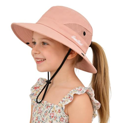 ZOORON Kids Girls Ponytail Sun Hat UPF 50+ Breathable Mesh Water-Resistant - color: Solid Pink