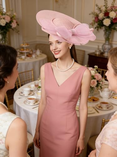 dressfan Wide Brim Fascinator Hats for Women,20s Linen Rhinestones Bow Big Hat for Derby Church Wedding Tea Party - color: Pink