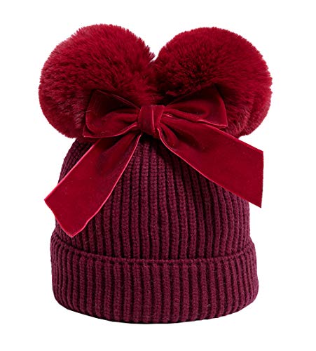 YATEEN Infant Toddler Baby Knitting Woolen Hat Winter Warm Double Pompom Beanie Cap with Bow - color: Deep Red