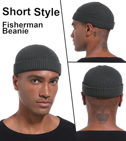 Wool Cuffed Beanie for Men Unisex Knit Watch Cap Thin Fisherman Beanies - color: Dark Grey