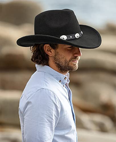 Black Cowboy Cowgirl Hat for Women Men Western Style Wide Brim Felt Fedora Panama Hat with Detachable Belt Buckle - color: Black-style a