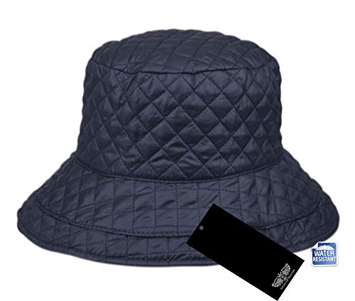 Foldable Water Repellent Quilted Rain Hat w/Adjustable Drawstring, Bucket Cap - color: Navy
