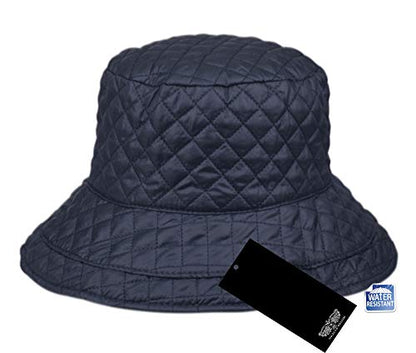 Foldable Water Repellent Quilted Rain Hat w/Adjustable Drawstring, Bucket Cap - color: Navy