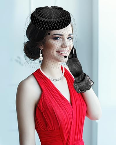 Pillbox Hat with Veil Vintage Fascinators for Women Tea Party Bridal Wedding Halloween First Communion Hats - color: Zz-black Set