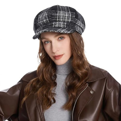 ZLYC Women Classic Newsboy Cap Visor 8 Panel Gatsby Cabbie Paperboy Hat - color: Tartan Plaid Black