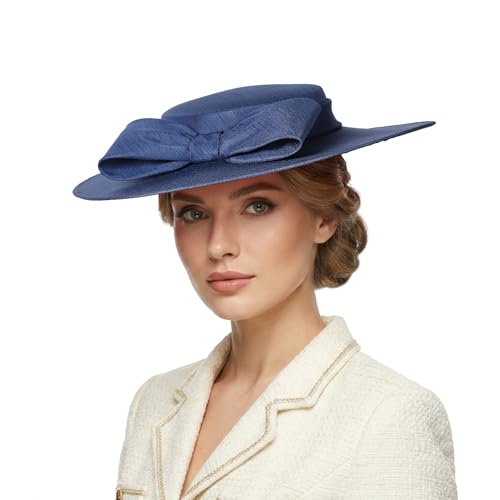 Fascinators Women Wide Brim 20s 50s Derby Pillbox Hat Bowknot Cocktail Tea Party Church Dress Hats - color: Navy