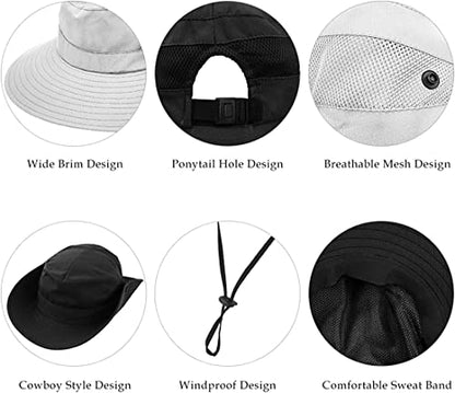 IYEBRAO 2 Pack Womens Ponytail Sun Hat UV Protection Bucket Hats Foldable Wide Brim Summer Boonie Beach Cap Fishing Hiking… - color: Black & Pure Beige