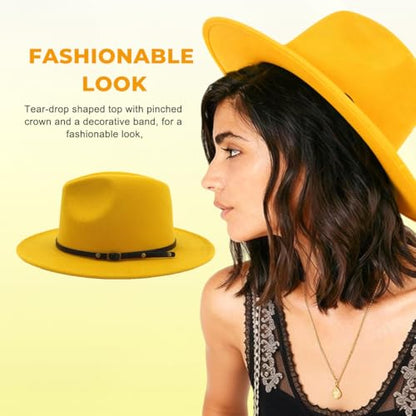 Fedora Hat with Belt Buckle Unisex Classic Felt Wide Brim Panama Hats Adjustable Church Jazz Cap for Women Men - color: Yellow