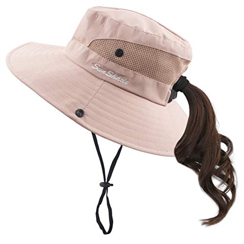 Muryobao Women's Ponytail Sun Hat UV Protection Foldable Mesh Wide Brim Beach Fishing Hat - color: Pure Pink