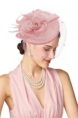 BABEYOND Fascinators Hats for Women Flower Veil Feather Pillbox Derby Hat - color: Light Pink
