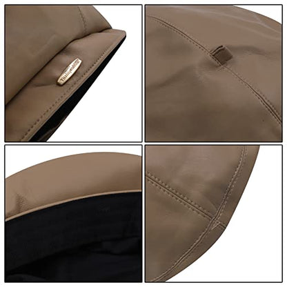 Women Classic PU Leather French Beret Beanie Hat Pumpkin Cap - color: Khaki 2#