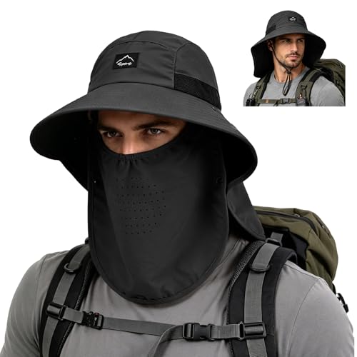 Outdoor Sun Hat for Men Women, UPF 50+ Safari Cap Fishing Hat with Detachable Face Cover & Neck Flap Beach Garden Hiking - color: 1pack-black