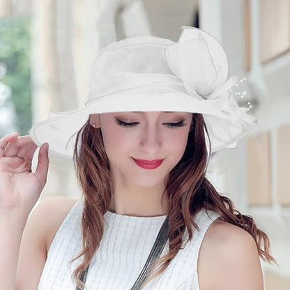 Women's Organza Derby Fascinator Hat Cloche Bowler Hat Cocktail Tea Party Wedding Sun Hat - color: B2-white