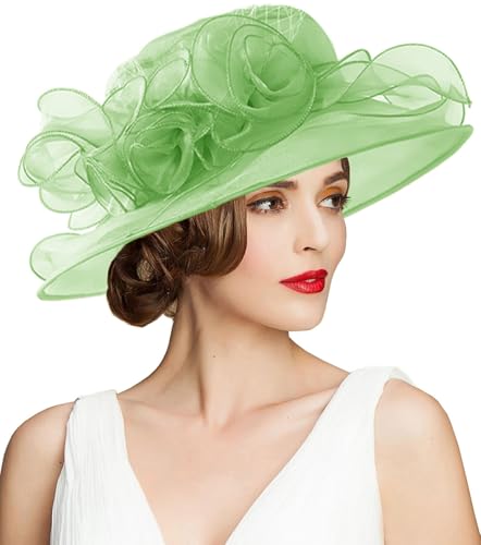 Women's Kentucky Derby Church Dress Hat Wide Brim Leaf Flower Bridal Shower Hat - color: A11-mint Green