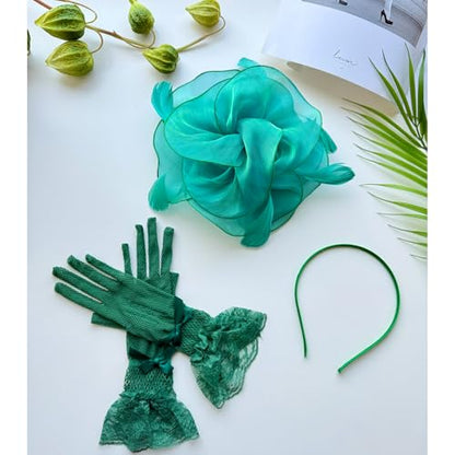 GurZinn Fascinator Hat Veil Feather Fascinator Tea Party Bridal Wedding Veil Pillbox Hat - color: E-green Hat&glove