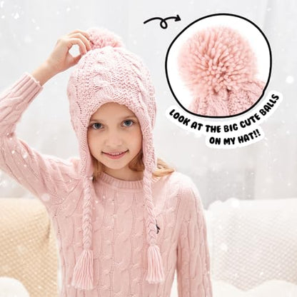 Winter Peruvian Hat Earflap Fleece Lined Girls Knit Beanie 3-10T - color: 3c-patternpink, size: 3-5T