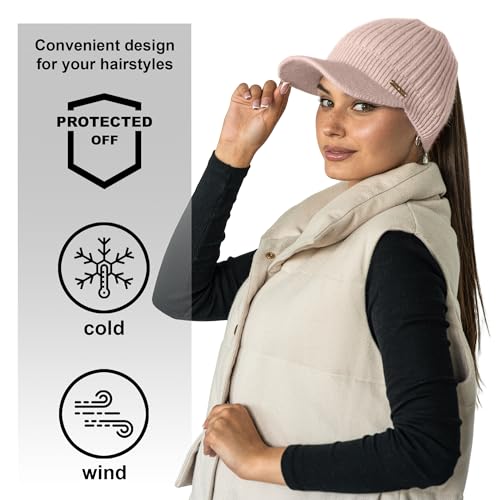 Beanie Visor - Womens Winter Wool Knit Hat with Brim - Billed Knit Cap Newsboy Hats - color: Ponytail Pink