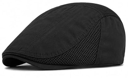 DIYDECAL Mens Cotton Mesh Newsboy Cap Flat Ivy Gatsby Hat Summer Driving Cabbie Cap - color: Black