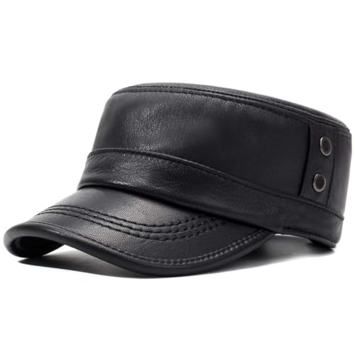 Men's Genuine Leather Cadet Army Caps Military Style Hat Flat Top Cap - color: Black