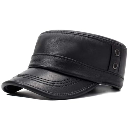 Men's Genuine Leather Cadet Army Caps Military Style Hat Flat Top Cap - color: Black