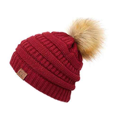 C.C Fur Pom Winter Fall Trendy Chunky Stretchy Cable Knit Beanie Hat - color: Solid Burgundy