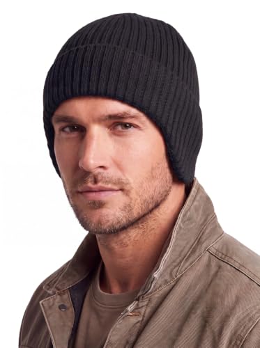 Home Prefer Fleece Lined Rib Knit Cuffed Beanie with Earflaps for Men Women - color: Black