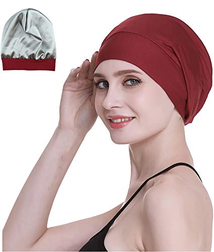 FocusCare Satin Lined Sleep Slouchy Cap Curly Girl Slap Headwear Gifts for Frizzy Hair Women - color: Dark Red