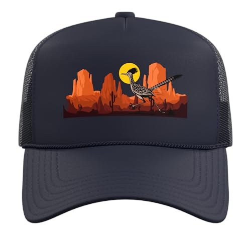Roadrunner Bird Desert Vibes Arizona New Mexico Nevada Trucker Hat with Adjustable Mesh Back - color: Navy Blue