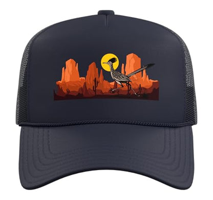 Roadrunner Bird Desert Vibes Arizona New Mexico Nevada Trucker Hat with Adjustable Mesh Back - color: Navy Blue