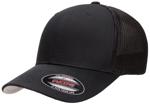 Flexfit 6511 Fitted Mid-Profile Stretchable Mesh Panels Trucker Cap - color: Black, size: Small-Medium