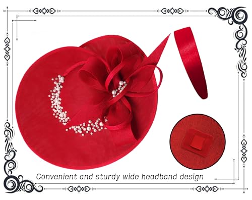 dressfan Vintage Fascinator Hats for Women,Linen Pearl Fascinator for Derby Church Wedding Tea Party - color: Red