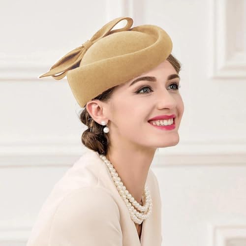 ORIDOOR British Style Pillbox Hat Women Church Wedding Winter Vintage Fascinator Beret 100% Wool Felt Hat with Veil - color: 03b-khaki