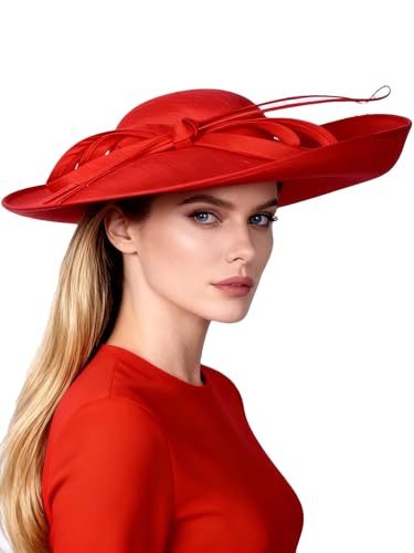 Big Wide Brim Fascinator Hats for Women Ladies Kentucky Tea Party Dress Flat Top Fedoras Hat with Bow Feather - color: Red