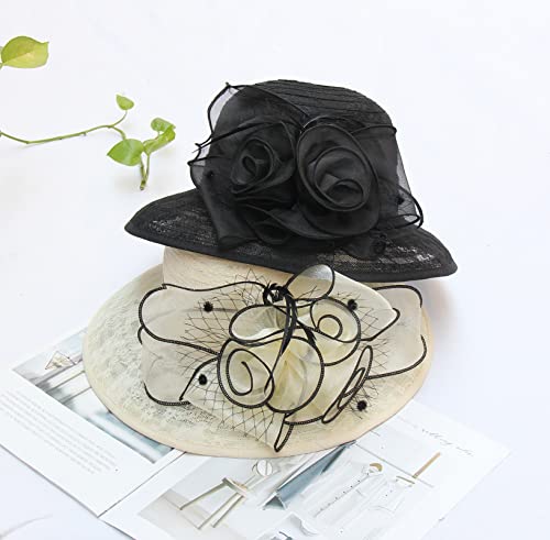 Organza Fascinator Hat - Women’s Wide Brim Church Bridal Tea Party Wedding Hat - color: 03-beige,black