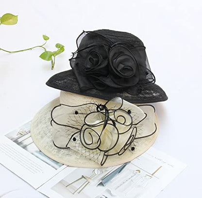 Organza Fascinator Hat - Women’s Wide Brim Church Bridal Tea Party Wedding Hat - color: 03-beige,black