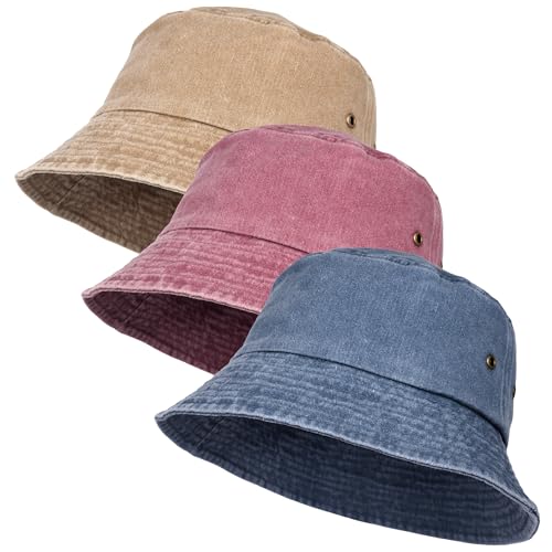 XURIGOX 3Pcs Washed Cotton Bucket Hat, Fishing Hat for Men and Women - color: Navyblue+winered+khaki