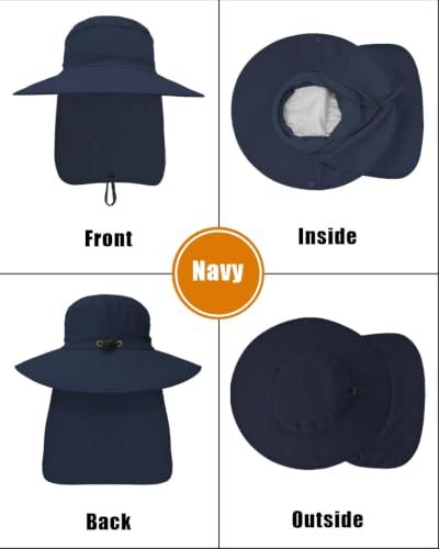 Outdoor Sun Hats with Stowable Neck Flap for Men Women UPF 50+ Mesh Summer Bucket Hat Wide Brim for Fishing Safari Hiking - color: Navy Blue