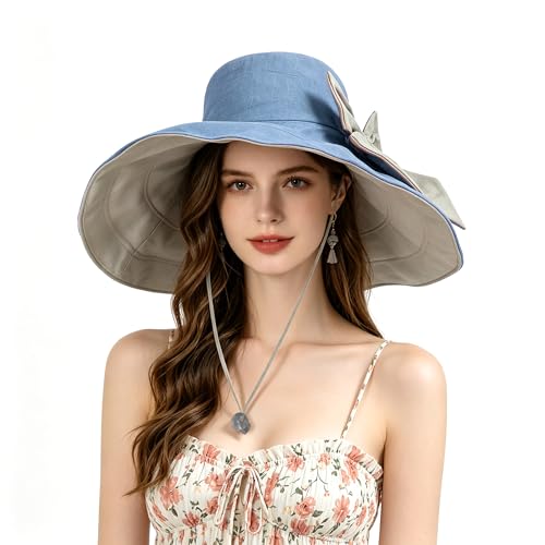 Women's Foldable Floppy Sun Hats Reversible Vacation Beach Cap Summer Wide Brim UPF 50+ Travel Fishing Bucket Hat - color: Blue, Cotton Linen