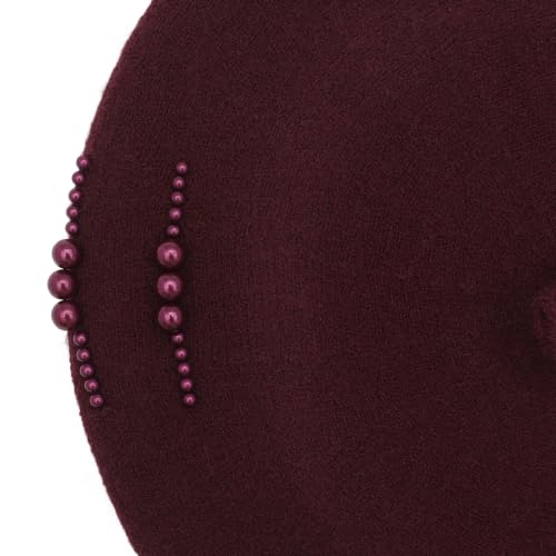 ZLYC Women French Beret Hat Winter Knitted Stretchable Beret Artist Cap - color: Side Pearls Burgundy