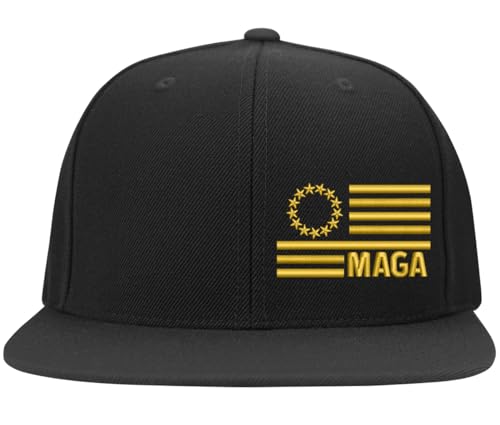 BestSyracuse Make America Greek Again (MAGA) Flag Side Embroidered Fitted Hat - color: Black Flat Gold Thread, size: Large-X-Large