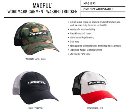Magpul Trucker Hat Snap Back Baseball Cap, One Size Fits Most - color: Wordmark Garment Washed Stone/Black/Red