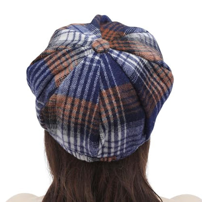 ZLYC Women Classic Newsboy Cap Visor 8 Panel Gatsby Cabbie Paperboy Hat - color: Plaid Royal Blue and Khaki